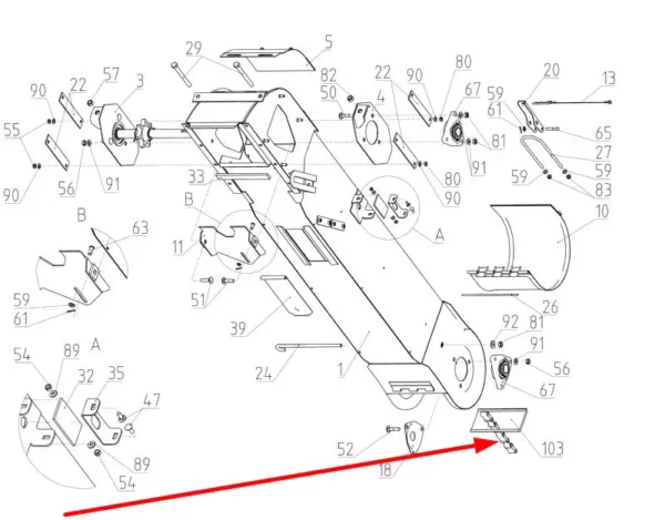 Oryginalny łańcuch łopatkowy podajnika kłosowego o numerze katalogowym 102591632, stosowany w kombajnach zbożowych marki Rostselmash schemat.