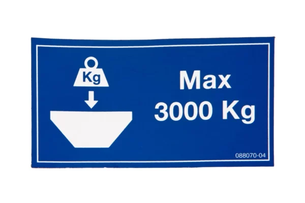 Oryginalna naklejka informująca o maksymalnej ładowności skrzyni 3000 kg i numerze katalogowym 688070