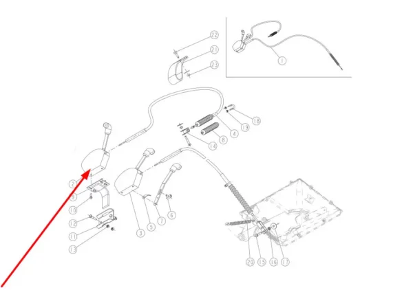 Oryginalna dźwignia linki sterującej lewa o numerze katalogowym 980758, stosowana w rozsiewaczach nawozu marki Sulky schemat.