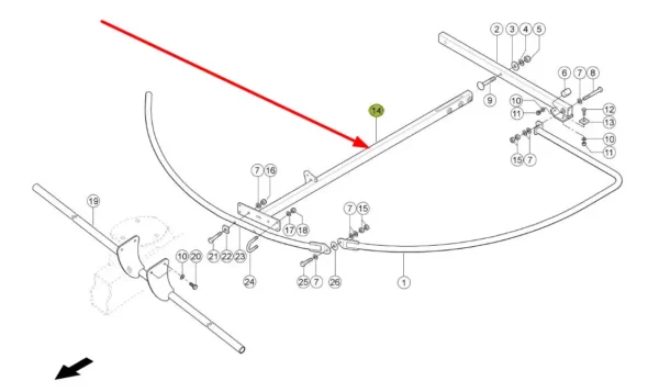 Oryginalny wysięgnik prawego pałąka ochronnego o numerze katalogowym 485287.1, stosowany w zgrabiarkach marki Claas schemat