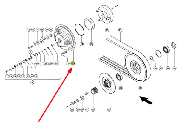 Oryginalna pokrywa sprzęgla napędu hederu o numerze katalogowym 628936.0, stosowana w kombajnach zbożowych marki Claas. schemat