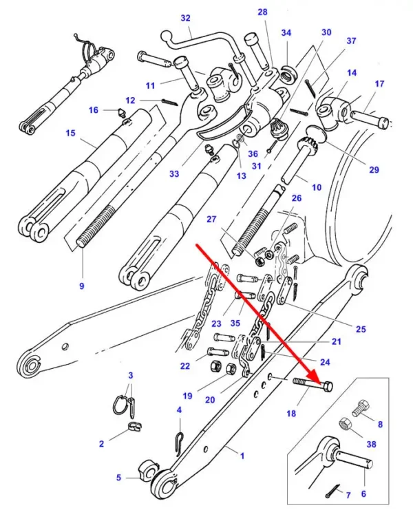 Oryginalna śruba specjalna o wymiarach 3/4'' - 16 x 95,2 i numerze katalogowym 894034M1, stosowana w ciagnikach rolniczych marki Massey Ferguson schemat