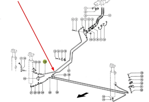 Oryginalny przewód hydrauliczny systemu poziomowania AUTO-CONTOUR o numerze katalogowym 697598.0, stosowany w kombajnach zbożowych marki Claas schemat.