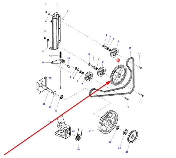 Oryginalne koło pasowe napędu wytrząsaczy o numerze katalogowym D28285527, stosowane w kombajnach zbożowych marek Massey Ferguson, Fendt, Challenger schemat.