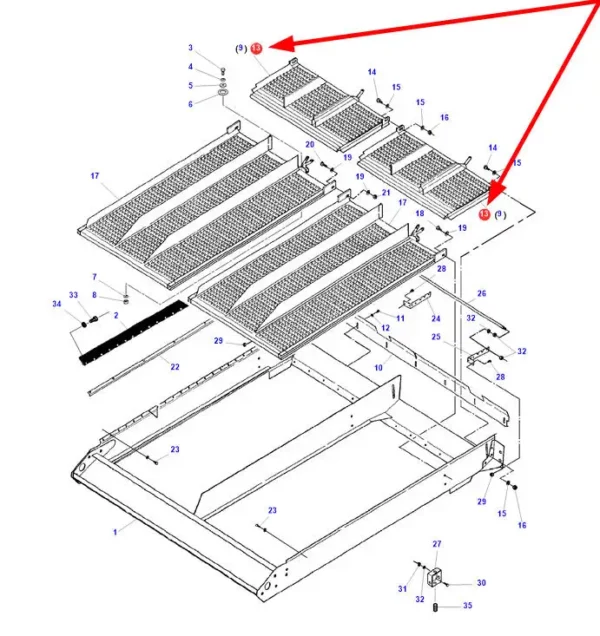 Oryginalne przedłużenie sita górnego o numerze katalogowym D28480432, stosowane w kombajnach zbożowych marek Fendt, Massey Ferguson i Challenger. schemat