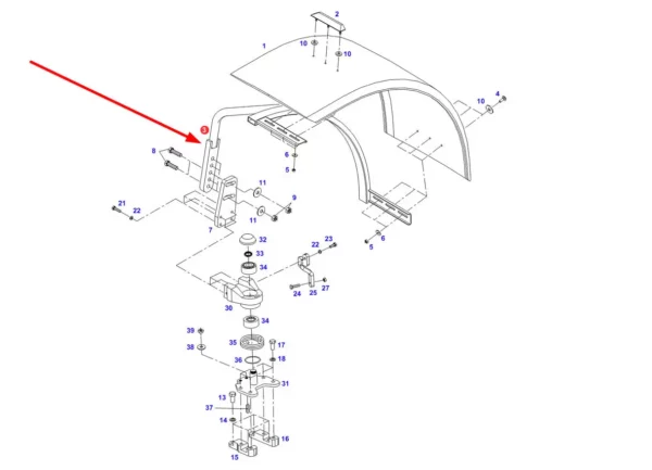 Oryginalnalna rama błotnika prawego przedniego o numerze katalogowym H404700030060, stosowana w ciągnikach rolniczych marki Fendt. schemat