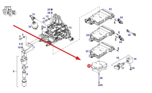 Płyta zaworów o numerze katalogowym H931962025100, stosowana w ciągnikach rolniczych marki Fendt schemat