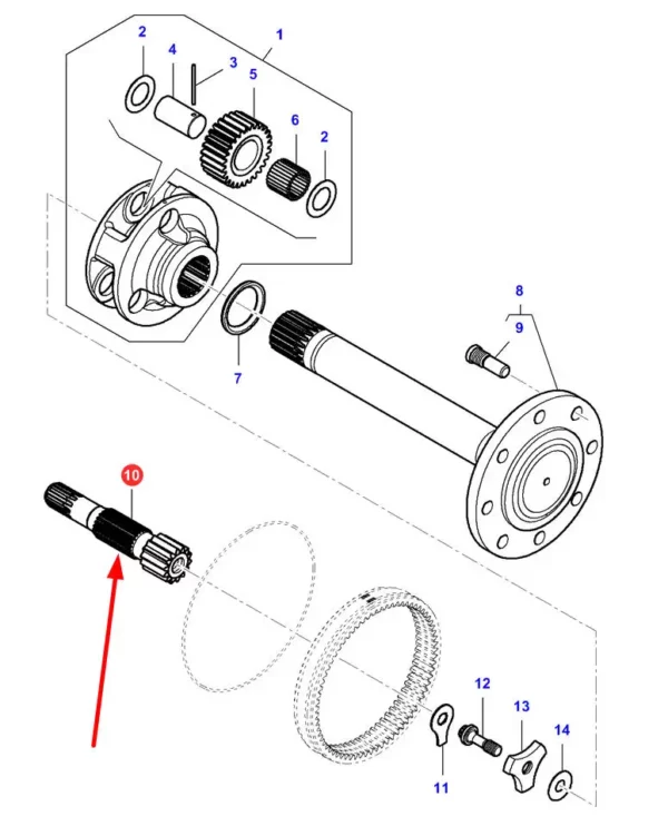 Oryginalny wałek Z=14 L=245 mm, stosowany w ciągnikach rolniczych marki Massey Ferguson.