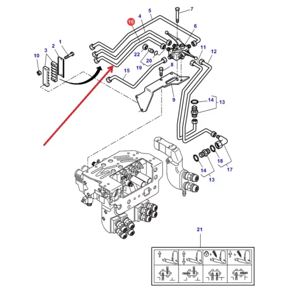 Oryginalny przewód hydrauliczny o numerze katalogowym 3789779M2, stosowany w ciągnikach rolniczych marki Massey Ferguson. schemat