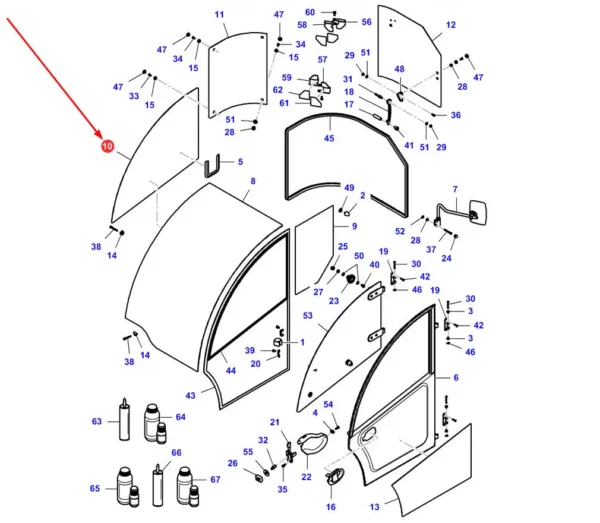 Oryginalna szyba boczna o numerze katalogowym 3970196M1, stosowana w ładowarkach teleskopowych marki Massey Ferguson.-schemat