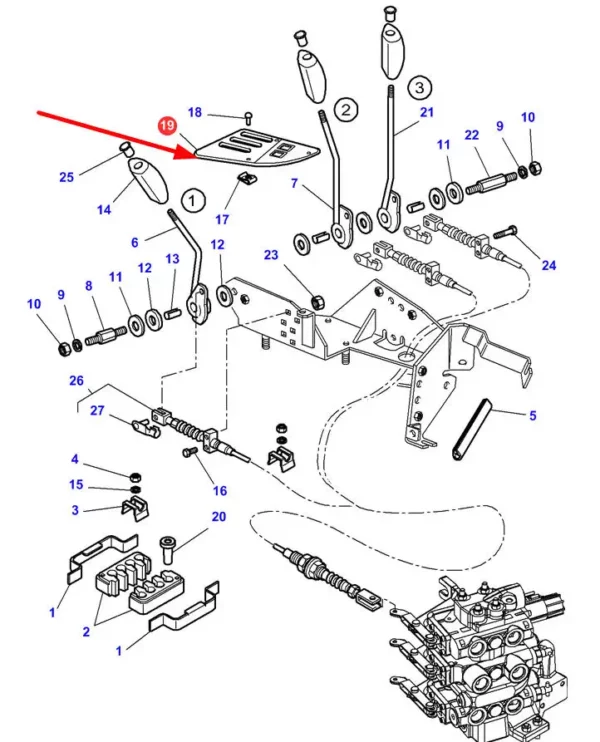 Oryginalna obudowa dźwigni rozdzielacza mechanicznego sterowania hydrauliką o numerze katalogowym 4271973M4, stosowana w ciągnikach rolniczych marek Challenger oraz Massey Ferguson schemat.