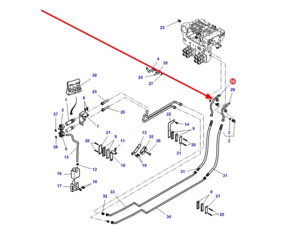 Oryginalny przewód metalowy gniazd hydraulicznych o numerze katalogowym 4293942M1, stosowany w ciągnikach rolniczych marki Massey Ferguson, Challenger schemat.