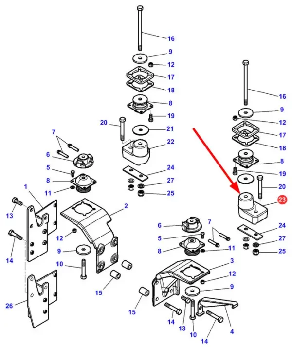 Oryginalny wspornik mocowania kabiny o numerze katalogowym 4299286M3, stosowany  w ciągnikach rolniczych marki Massey Ferguson schemat.