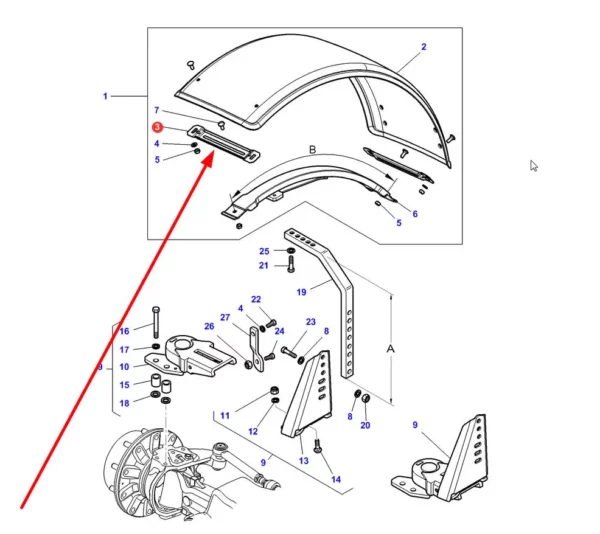 Oryginalny element mocowania błotnika o długości 340 mm i numerze katalogowym 4348000M2, stosowany w ciągnikach rolniczych marek Massey Ferguson, Challenger, Valtra schemat.