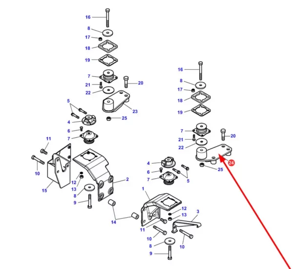 Oryginalny uchwyt mocowania kabiny lewy o numerze katalogowym 4348281M3, stosowany w ciągnikach rolniczych marki Massey Ferguson schemat.