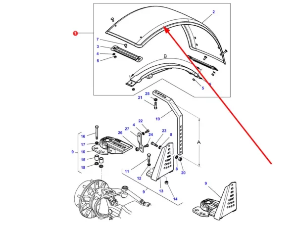 Oryginalny błotnik przedni z tworzywa sztucznego o szerokości 520 mm i numerze katalogowym 4353809M91, stosowany w ciągnikach rolniczych marek Massey Ferguson i Challenger. schemat