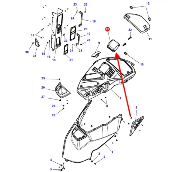 Oryginalna osłona plastikowa panelu sterowania, stosowana w maszynach rolniczych marki Massey Ferguson. schemat
