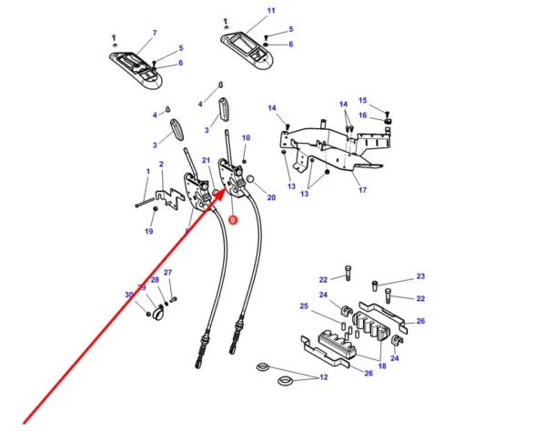 Oryginalny mechanizm dźwigni hydrauliki zewnętrznej o numerze katalogowym 4378698M91, stosowany w ciągnikach rolniczych marki Massey Ferguson schemat.