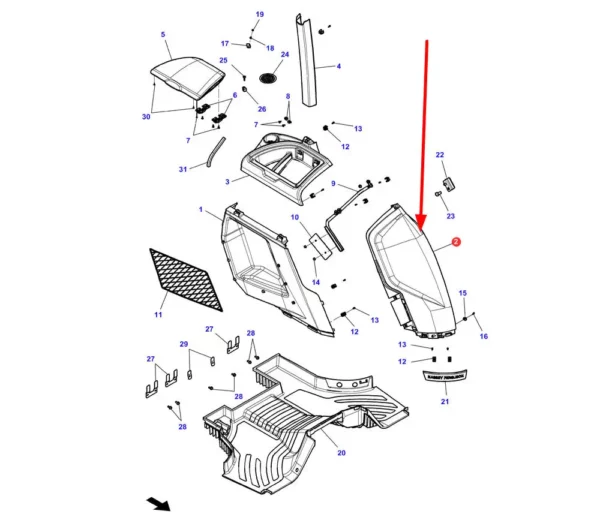 Oryginalna lewa osłona błotnika wewnątrz kabiny o numerze katalogowym ACW022230C, stosowana w ciągnikach rolniczych marki Massey Ferguson. schemat