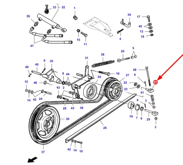 Oryginalny sworzeń koła napinacza o numerze katalogowym LA322835850, stosowany w kombajnach zbożowych marek Massey Ferguson, Fendt, Challenger i Laverda. schemat