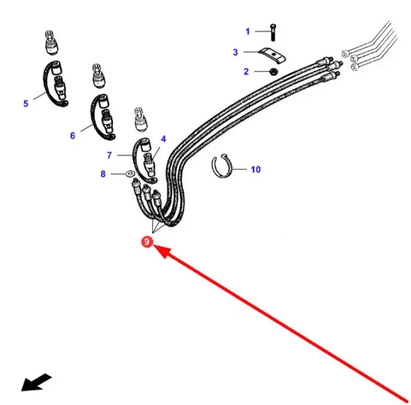 Oryginalny przewód hydrauliczny złączy hydraulicznych hederu o numerze katalogowym LA322853550, stosowany w kombajnach zbożowych marek Massey Ferguson, Fendt, Challenger, Laverda schemat.