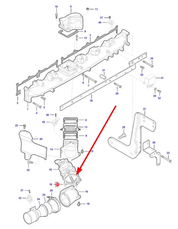 Oryginalna uszczelka dolotu powietrza o numerze katalogowym V837079849, stosowana w kombajnach zbożowych marki Massey Ferguson schemat.