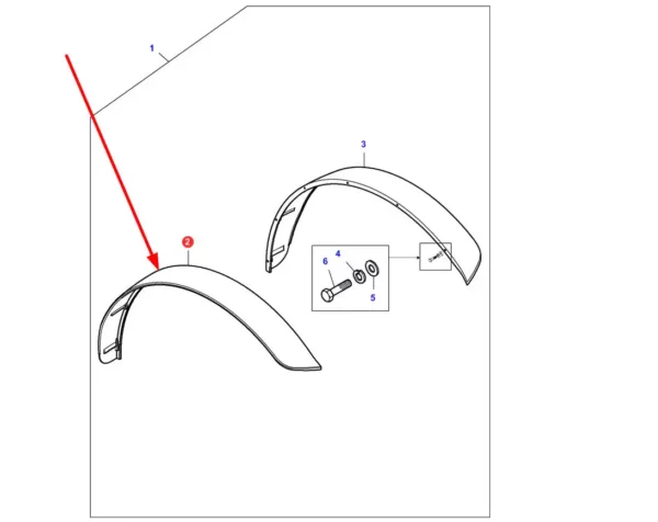 Oryginalne poszerzenie tylnego błotnika o szerokości 80 mm i numerze katalogowym VA372061, stosowane w ciągnikach rolniczych marki Massey Ferguson. schemat