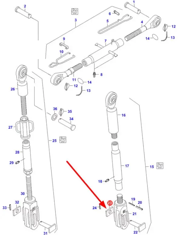 Oryginalny element mocujący sworzeń wieszaka o numerze katalogowym V32975900, stosowany w ciągnikach marek Valtra oraz Massey Ferguson schemat.