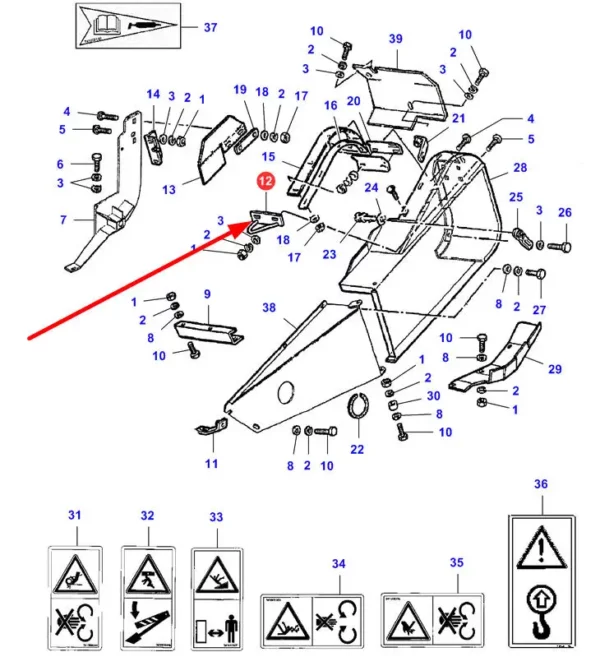 Oryginalne mocowanie rozdzielacza łanu o numerze katalogowym LA322370150, stosowane w hederach marki Massey Ferguson schemat.