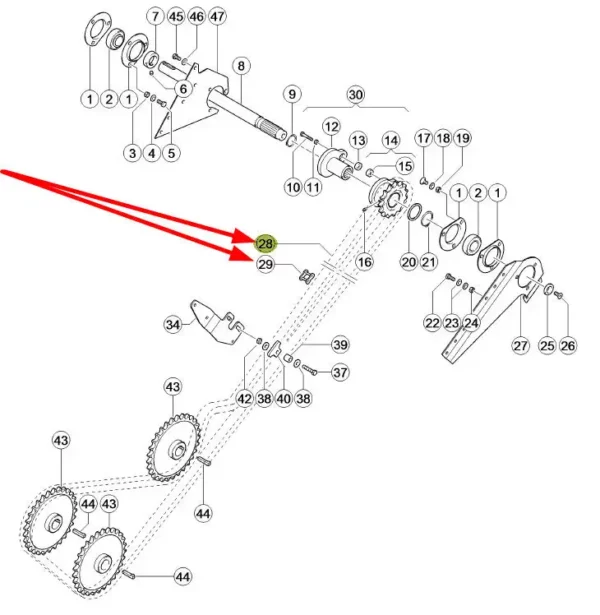 Łańcuch rolkowy napędu rozładunku ziarna o numerze katalogowym 507707.0, stosowany w kombajnach zbożowych marki Claas schemat.