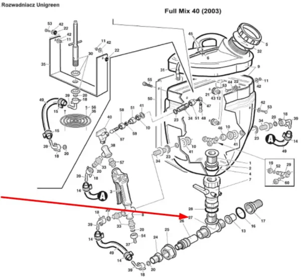 Oryginalny trójnik o wymiarze gwintu 1 1/4" i numerze katalogowym 1001758, stosowany w opryskiwaczach polowych marki Unia wyposażonych w rozwadniacz Tecomec Greenmix T30, Unigreen Full Mix 40 schemat.