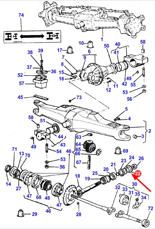 Dystans marki DANA Spicer, wałka napędowego osi przedniej, stosowany w ciągnikach rolniczych marki Massey Ferguson schemat.