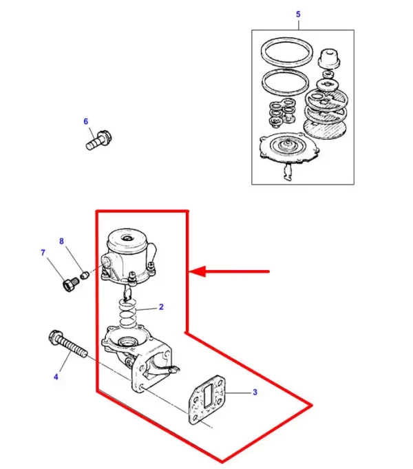 Pompka paliwa zasilająca o numerze katalogowym 40563, stosowana w ciągnikach rolniczych marki Massey Ferguson schemat.