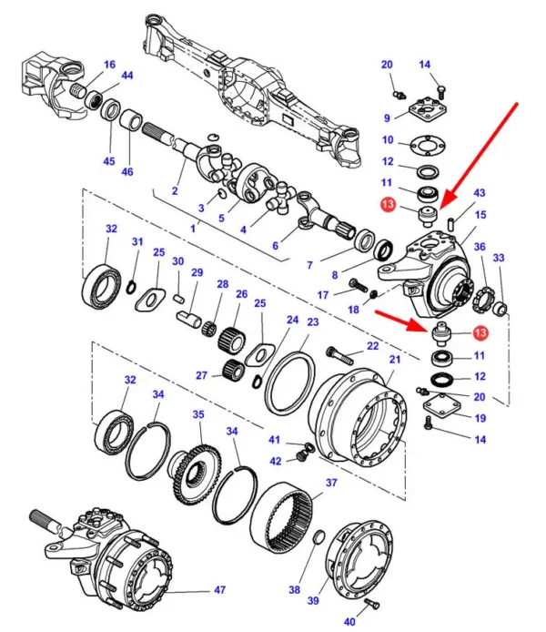 Sworzeń zwrotnicy marki Sparex o numerze katalogowym 42643, stosowany w ciągnikach rolniczych marek Challenger i Massey Ferguson schemat