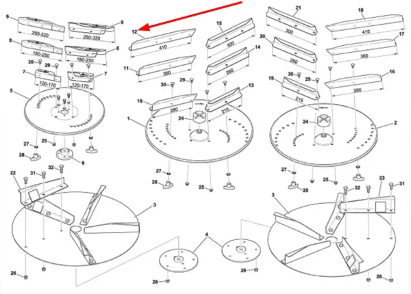 Oryginalna łopatka lewa długa LR 30 talerza wysiewającego o długości 410 mm i numerze katalogowym 2053/03-00-019.00, stosowana w rozsiewaczach nawozu marki Unia schemat.