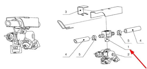 Oryginalna oprawa przelotowa rozpylacza o numerze katalogowym 4055070215000, stosowana w opryskiwaczach polowych marki Unia schemat.