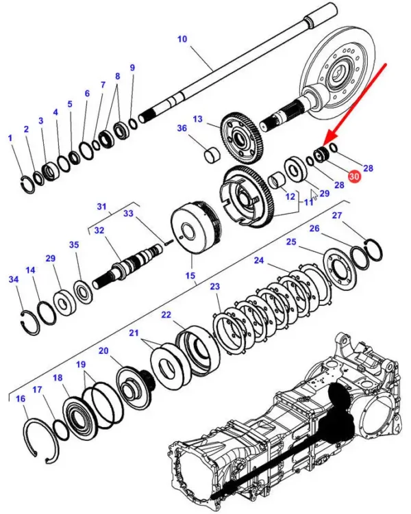 Tulejka wałka skrzyni biegów o wymiarach 30 x 42 x 28, stosowana w maszynach marek Massey Ferguson oraz Challenger. schemat