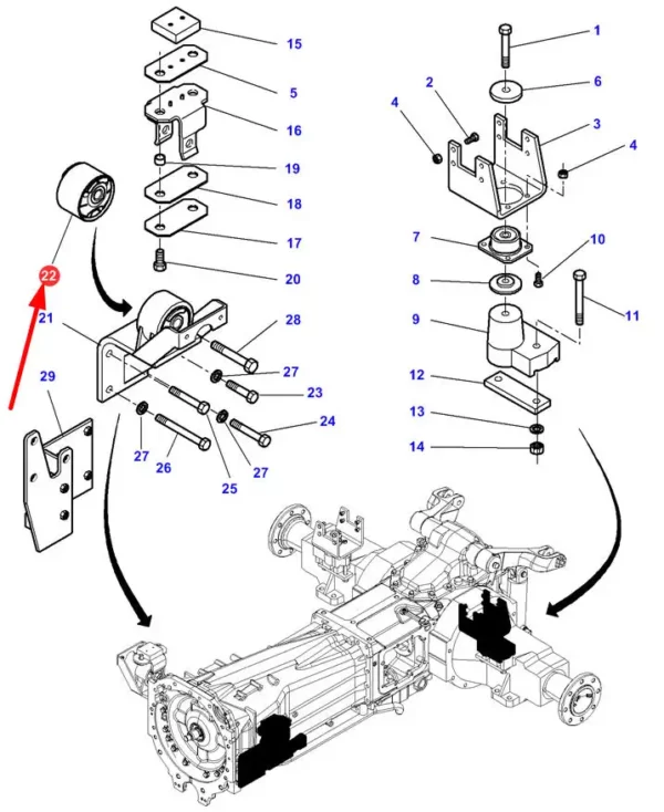 Amortyzator metalowo-gumowy zawieszenia kabiny o numerze katalogowym 3786281M2, stosowany w ciągnikach rolniczych marek Challenger oraz Massey Ferguso schemat.