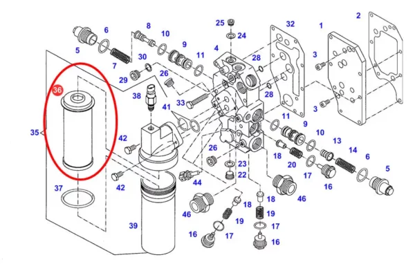 Filtr oleju hydrauliki jazdy będący zamiennikiem oryginalnego filtra Agco pasującego do marek Fendt Valtra Massey Ferguson  schemat