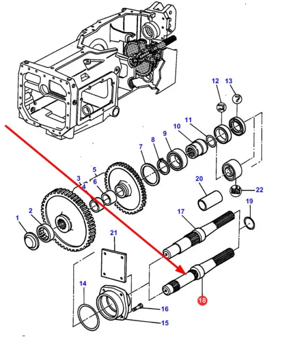 Wałek WOM o 6 frezach, długości 286,5 mm i numerze katalogowym 3382073M5, stosowany w ciągnikach rolniczych marki Massey Ferguson schemat.