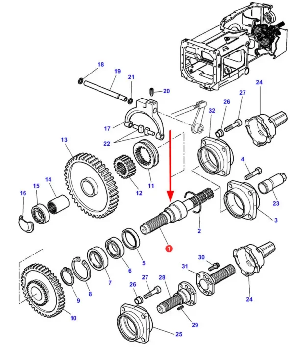 Tylny wałek przekaźnika mocy będący zamiennikiem oryginalnego wałka montowanego w ciągnikach rolniczych marki Massey Ferguson schemat