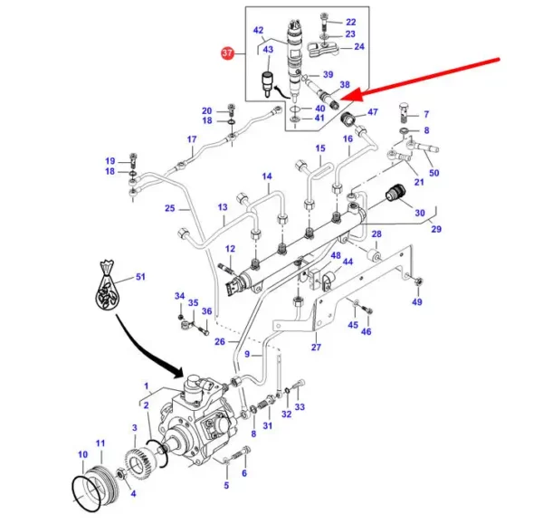 Króciec rury tłoczącej paliwo do wtryskiwacza o numerze J01 535, stosowany w silnikach maszyn rolniczych marek Challenger, Fendt, Massey Ferguson i Valtra schemat