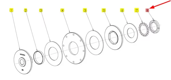 Pierścień zabezpieczający o wymiarze gwintu M55 x 2, wymiarach nakrętki 55 x 75 x 11 mm i numerze katalogowym KM11NIRO, stosowana w kombajnach zbożowych marki Rostselmash schemat.