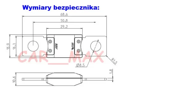 Bezpiecznik przykręcany MEGA 250 A, stosowany jako zamiennik oryginalnych części, montowany w maszynach rolniczych marki Massey Ferguson.