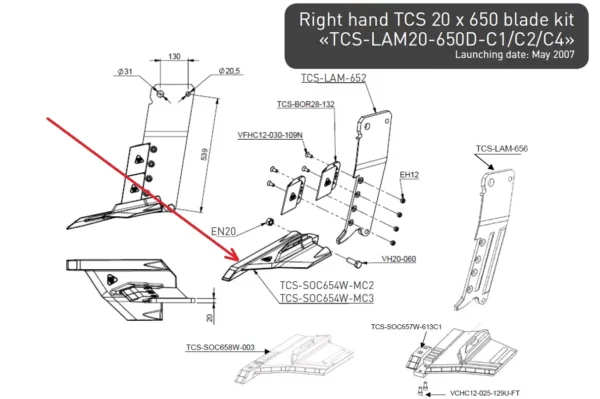 Oryginalne ostrze prawe z węglikiem o numerze katalogowym TCS-SOC654W-MC3, stosowane w głęboszach uprawowych marki Agrisem. schemat