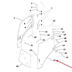 Oryginalna, lewa szyba drzwi o numerze katalogowym L0004474, stosowane w ciągnikach rolniczych marek Arbos oraz Lovol.-schemat