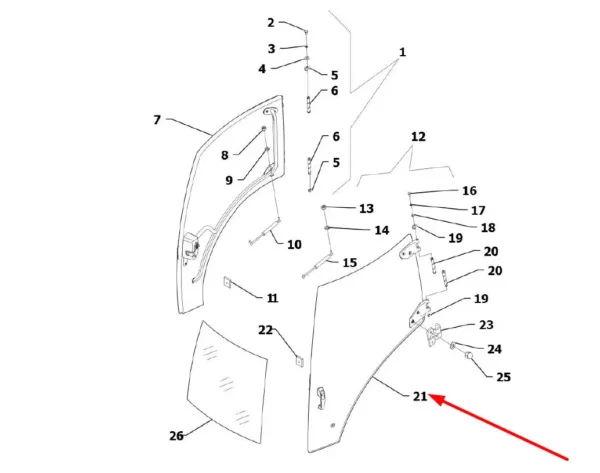 Oryginalna, lewa szyba drzwi o numerze katalogowym L0004474, stosowane w ciągnikach rolniczych marek Arbos oraz Lovol.-schemat