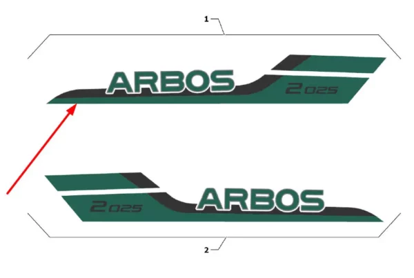 Oryginalna naklejka Arbos 2025 o numerze katalogowym L0005078, stosowana w ciągnikach marki Arbos.