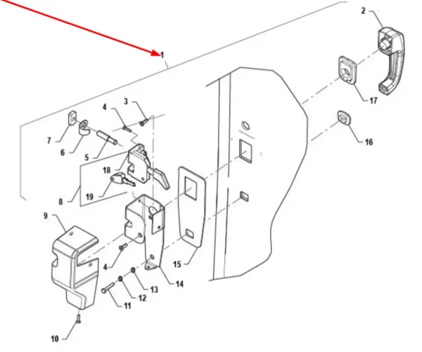 Oryginalna klamka prawych drzwi kompletna o numerze katalogowym P5S52201016, stosowana w ciągnikach rolniczych marki Arbos schemat.
