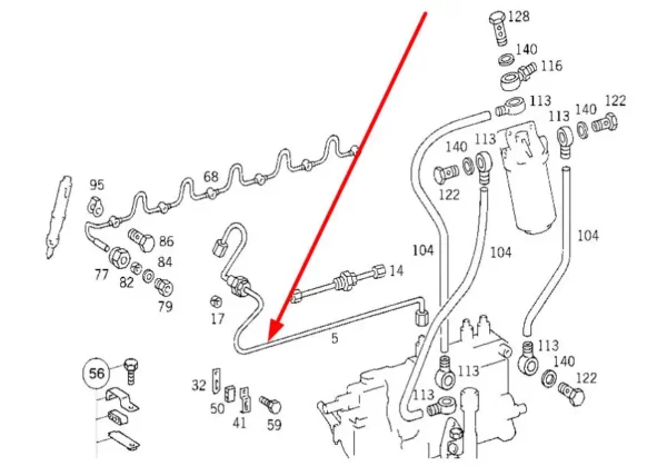 Przewód wysokiego ciśnienia pompy paliwowej silnika OM 366 La o numerze katalogowym 3660708033, stosowany w silnikach marki Mercedes Benz schemat.